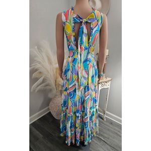 Fate White Multicolored Open Tie Back Pleated Maxi Dress